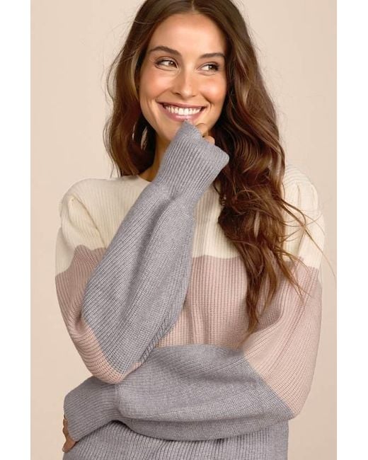 Lulus Brown Open Book Cream Color Block Balloon Sleeve Sweater
