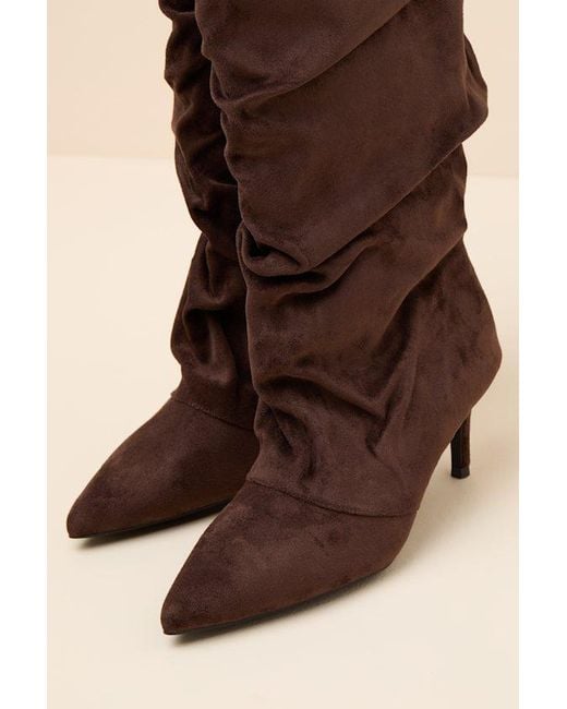 Lulus Brown Maggie Suede Pointed-Toe Ruched Knee-High Boots