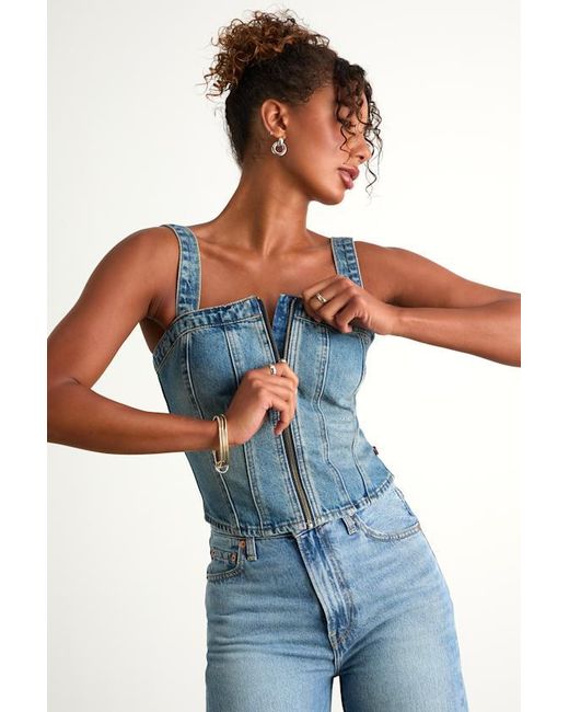 Levi's Blue Sculpted Bustier Medium Wash Zip-Front Denim Bustier Top