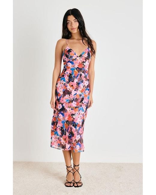 Lulus Red Tisa Multi Floral Slip Midi Dress