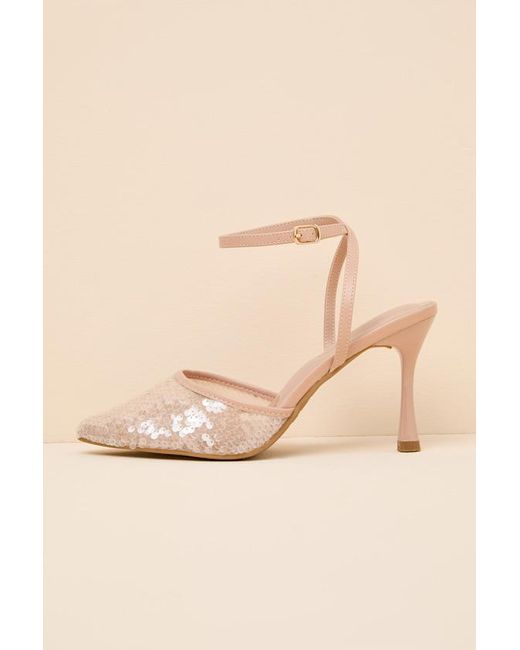 Lulus Natural Latasha Light Nude Sequin Pointed-Toe Ankle Strap Pumps