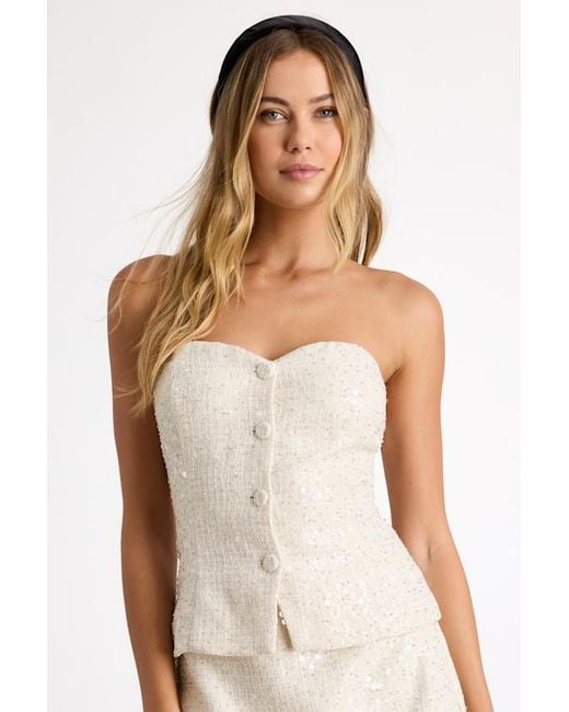 Lulus White Brionee Tweed Sequin Button-Front Strapless Top