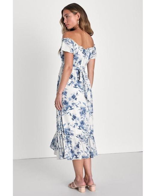 Lulus Blue Delightfully Sweet Floral Off-The-Shoulder Midi Dress