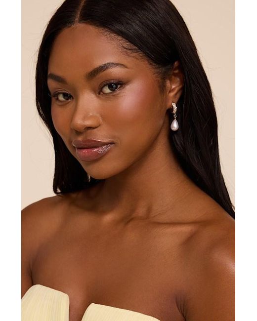 Lulus Brown Ria Rhinestone Pearl Drop Earrings