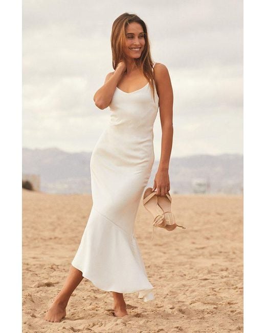 Lulus Natural Strictly Romance Satin Asymmetrical Tiered Midi Dress
