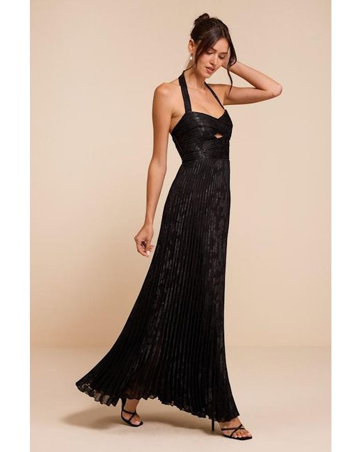 Lulus Black Krystal Floral Pleated Halter Maxi Dress