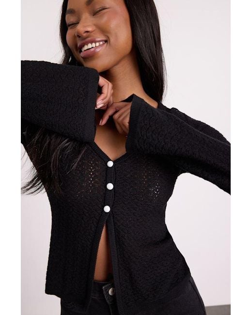 Lulus Black Freesia Pointelle Knit Button-Front Cardigan