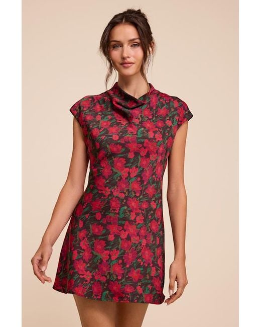 Lulus Red Ariya Multi Floral Satin Mock Neck Mini Dress