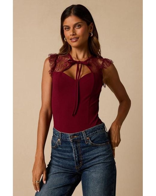 Lulus Red Coveted Crush Lace Tie-Neck Bodysuit