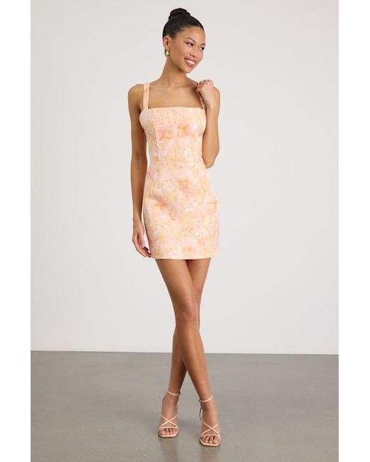 Lulus Natural Belen Peal Floral Jacquard Tie-Back Mini Dress