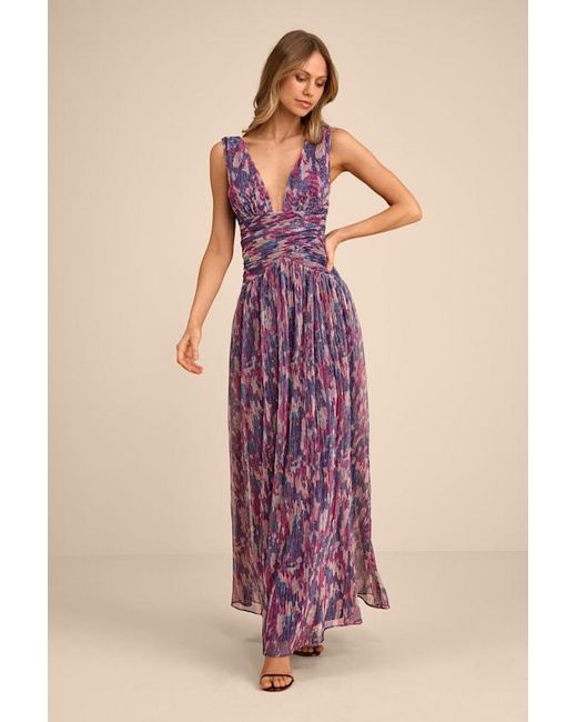 Lulus Pink Evaluna Abstract Print Lurex Pleated Maxi Dress