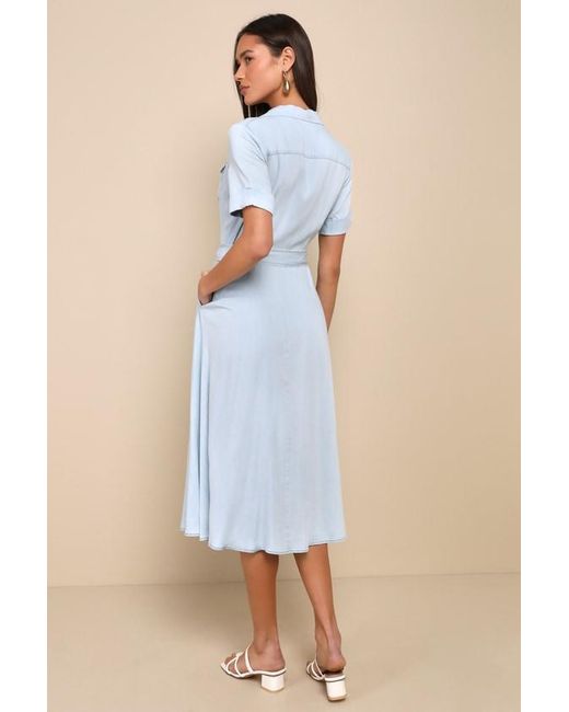Lulus Blue Pleasant Cutie Chambray Collared Midi Dress With Pockets