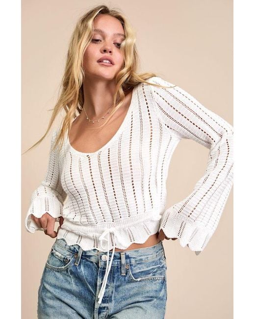 Lulus White Casual Concept Knit Drawstring Cropped Sweater Top