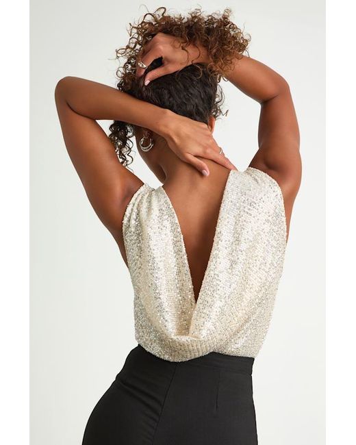 Lulus Natural Evening Of Wonder Sequin Cowl Back Bodysuit