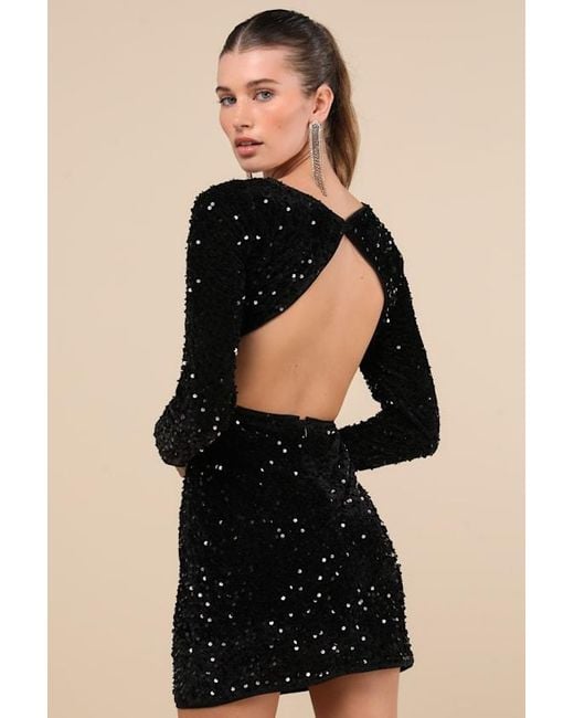 Lulus Black Marvelous Radiance Sequin Cutout Long Sleeve Mini Dress