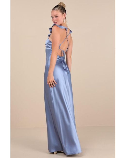 Lulus Blue Exuberant Luxury Periwinkle Satin Ruffled Lace-Up Maxi Dress