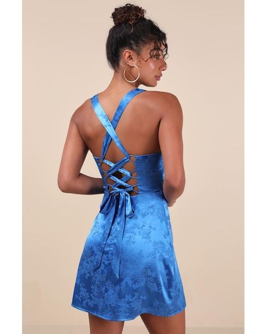 Lulus Blue Exquisite Outlook Floral Jacquard Satin Lace-Up Mini Dress
