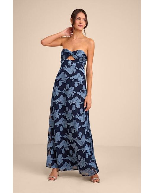 Lulus Blue Danae Floral Jacquard Strapless Maxi Dress