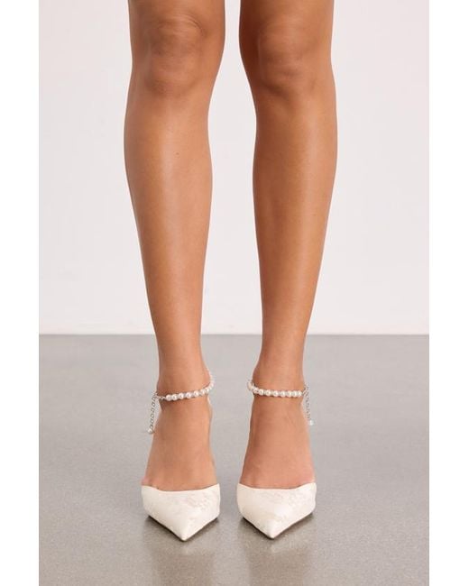Lulus Natural Katie Satin Pearl Pointed-Toe Ankle Strap Pumps