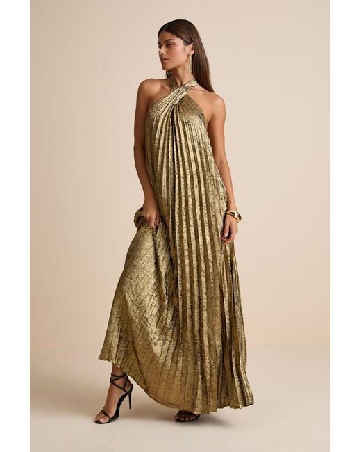 Lulus Natural Gelsey Lurex Pleated Halter Shift Maxi Dress