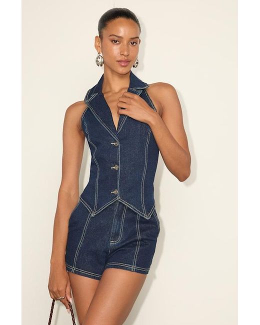 Lulus Blue Lyris Dark Wash Denim Button-Front Collared Halter Top