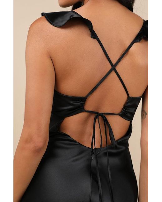 Lulus Black Exuberant Luxury Satin Ruffled Lace-Up Maxi Dress