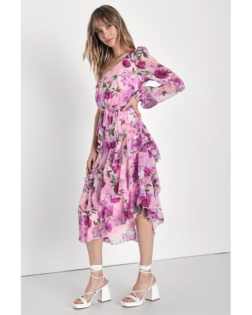 Lulus Pink Such Sweetness Floral Print Tiered Ruffled Midi Dress