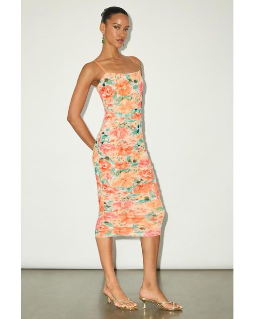 Lulus Orange Date Night Beauty Floral Print Mesh Ruched Midi Dress
