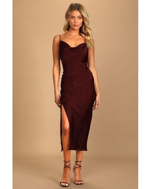 Lulus Natural Slinking Out Loud Satin Side Button Slip Dress