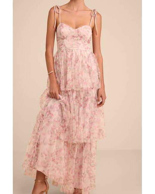 Lulus Pink Blissfully Gorgeous Blush Floral Tie-Strap Bustier Maxi Dress