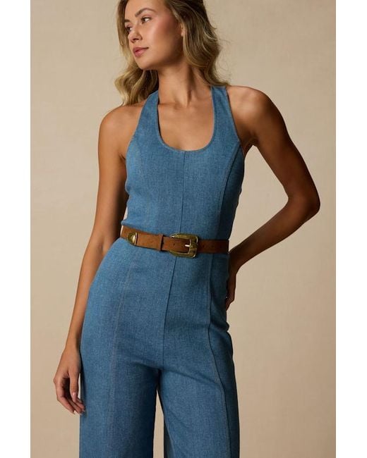 Lulus Blue Bowie Medium Wash Denim Wide-Leg Jumpsuit