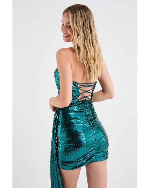 Lulus Blue Celina Emerald Sequin Strapless Sash Mini Dress