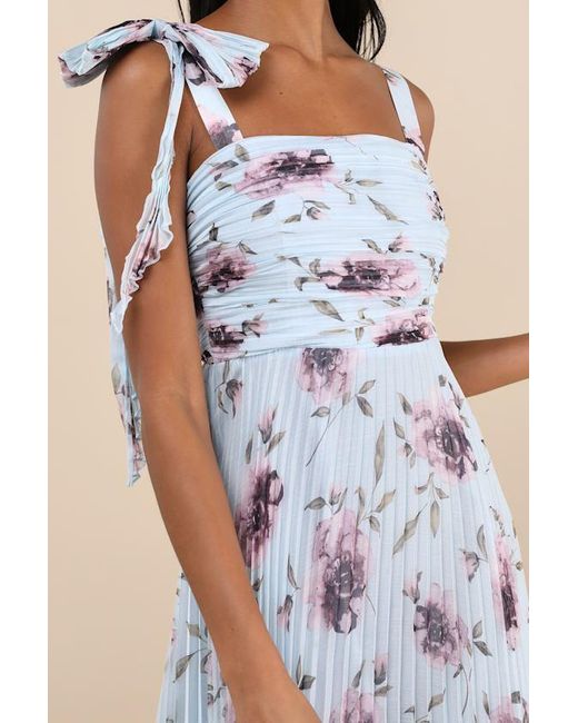 Lulus Blue Gorgeous Purpose Floral Pleated Sleeveless Bow Maxi Dress