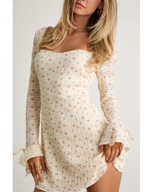 Lulus Natural Ornella Cream Floral Textured Long Sleeve Mini Dress