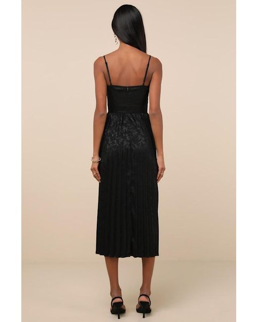 Lulus Black Regal Romance Floral Jacquard Pleated Satin Midi Dress