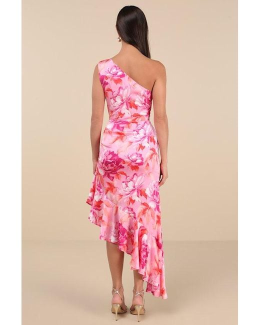 Lulus Pink Divinely Blooming Multi Floral One-Shoulder Midi Dress