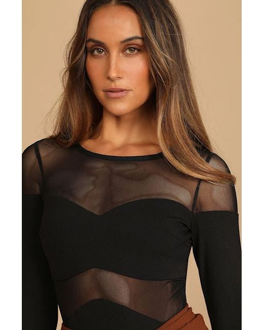 Lulus Black Mesh Appeal Long Sleeve Bodysuit