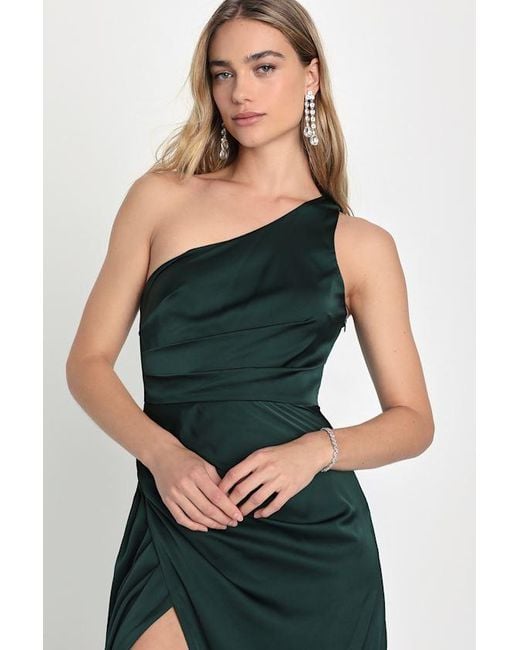Lulus Green Dreaming Of Elegance Emerald Satin One-Shoulder Maxi Dress