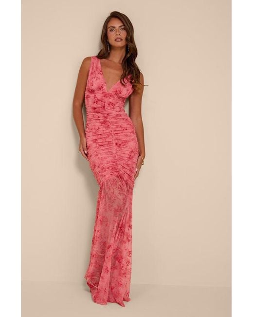 Lulus Red Jamie Floral Mesh Sheer Hem Maxi Dress