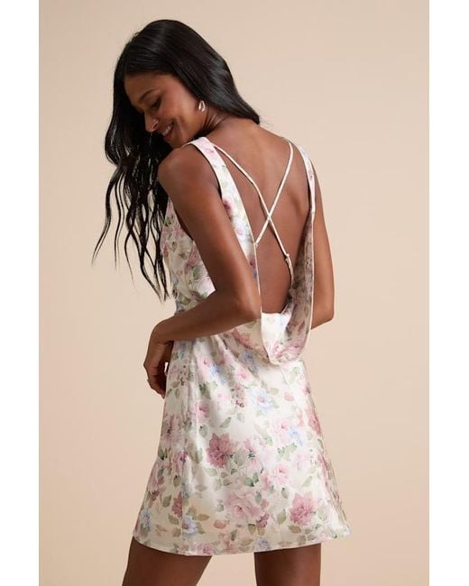 Lulus Natural Coralise Cream Floral Satin Cowl Back Mini Dress