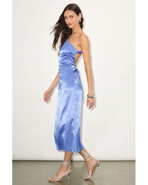 Lulus Blue Yvonne Satin One-Shoulder Midi Dress