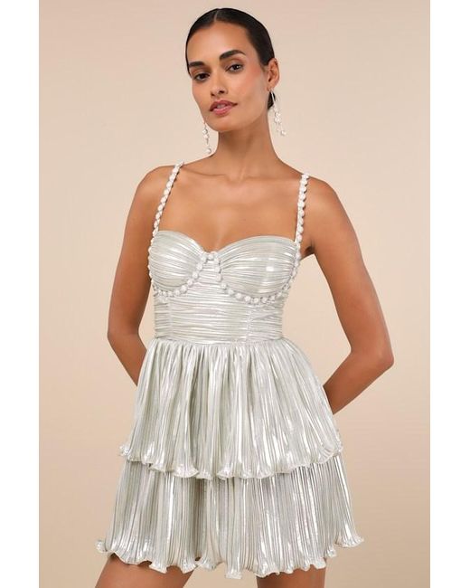 Lulus Natural Glorious Shine Metallic Pearl Tiered Mini Dress