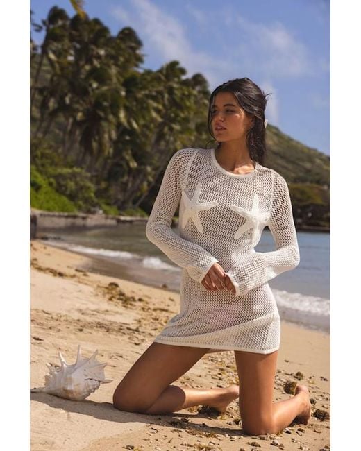 Lulus Natural Arizbeth Crochet Starfish Long Sleeve Swim Cover-Up