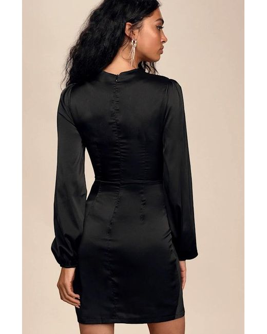 Lulus Blue Late Night Rendezvous Satin Long Sleeve Dress