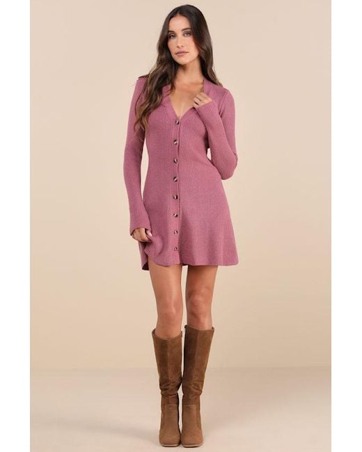 Lulus Pink Adorably Flirty Button-Front Sweater Mini Dress