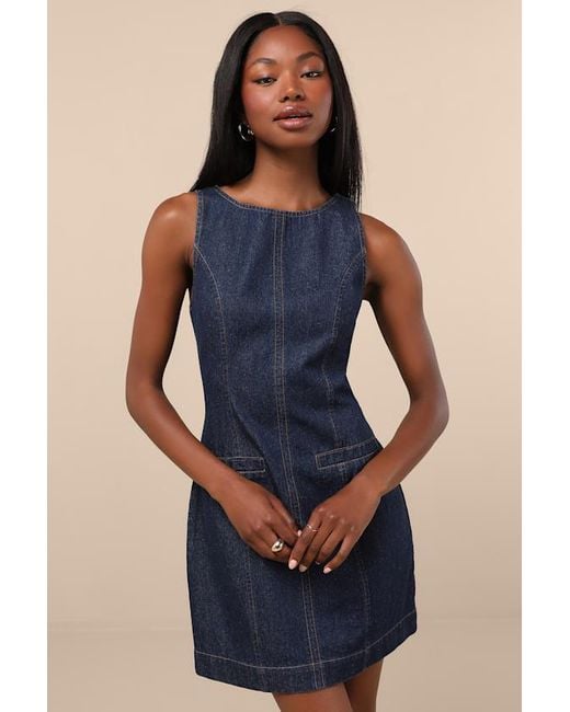 Lulus Blue Cataleya Dark Wash Denim Boat Neck Mini Dress