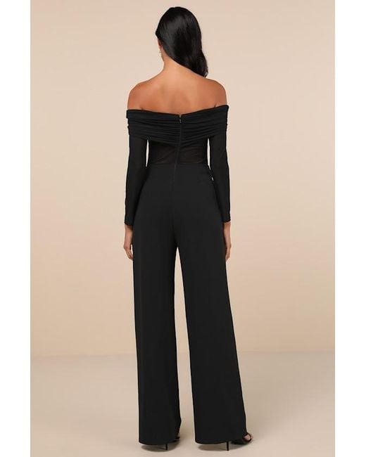 Lulus Blue Sultry Statement Mesh Ruched Off-The-Shoulder Jumpsuit