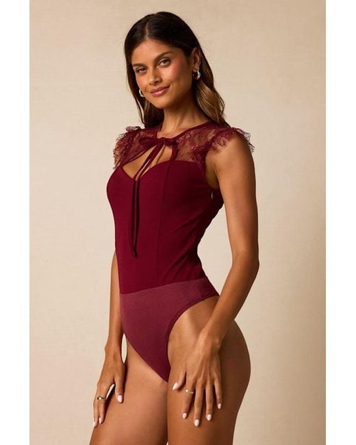 Lulus Red Coveted Crush Lace Tie-Neck Bodysuit