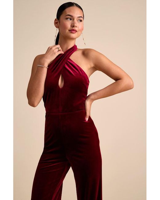 Lulus Red Yvania Velvet Cross-Front Halter Jumpsuit