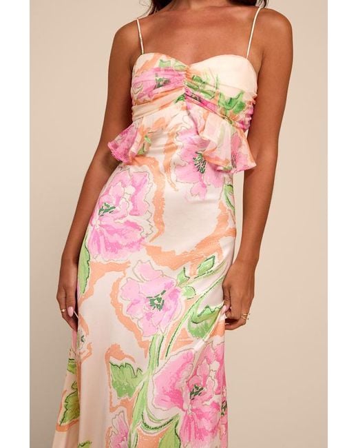 Lulus Pink Cattina Blush Multi Floral Satin Tie-Back Maxi Dress